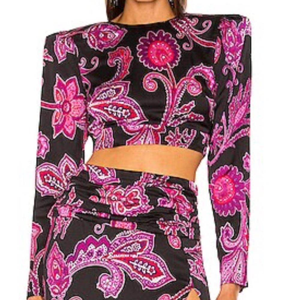DUNDAS X Revolve Floral Black and Pink Crop blouse